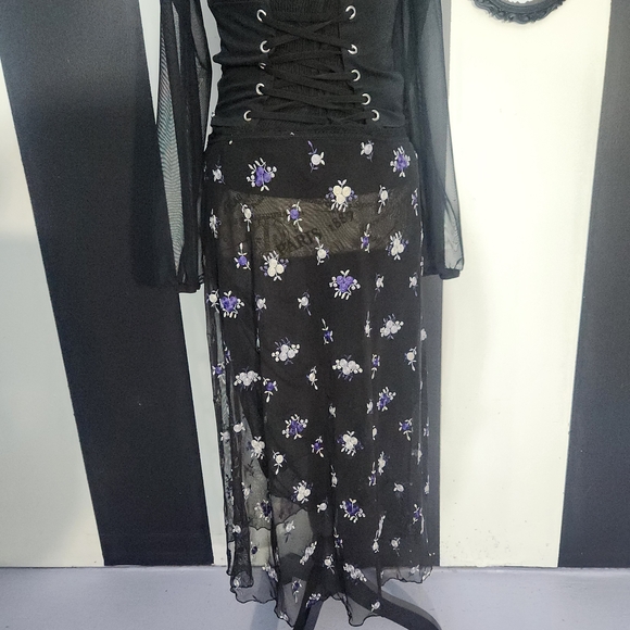 Free People Black Mesh Midi Skirt with Purple Floral Embroidery - Picture 4 of 10